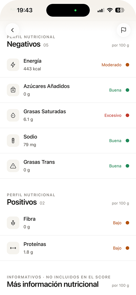 Pantalla de Mandioca mostrando el perfil nutricional de un producto